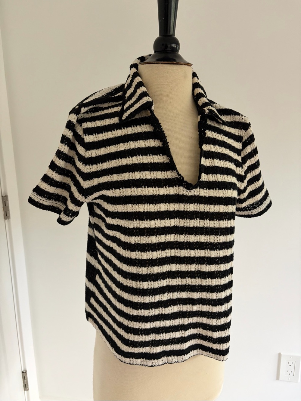 Madewell Black and White Striped Short Sleeve Knit Polo